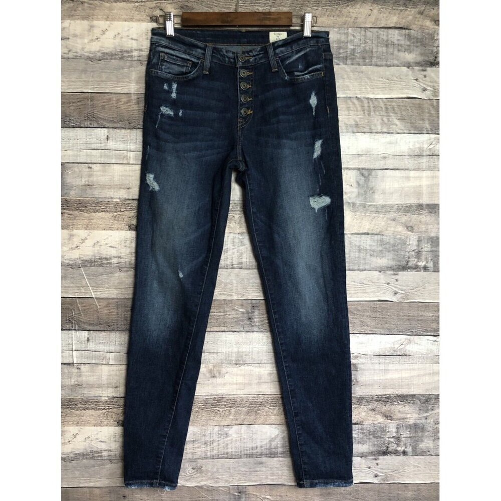 Bridge by Gly Distressed Mid Rise Skinny Jeans Button Fly Women's Sz 28 Blue